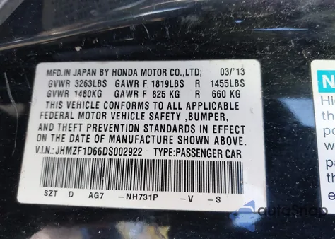 2013 Honda Cr-Z Ex z USA, uszkodzony, nr VIN JHMZF1D66DS002922